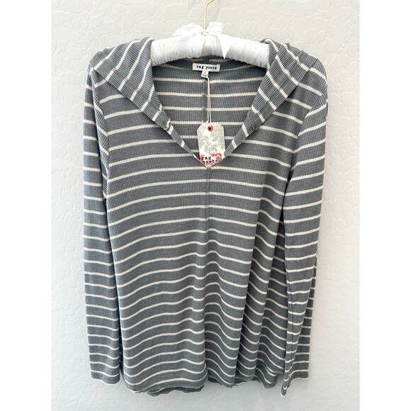 RAG POETS | Gray White Striped Waffle Knit Hoodie Pullover Top NWT | Size Large - Picture 1 of 8